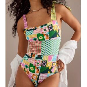 Celia B Coronian One Piece Bow Tie Shoulder Patchwork Swimsuit Size XS NWT